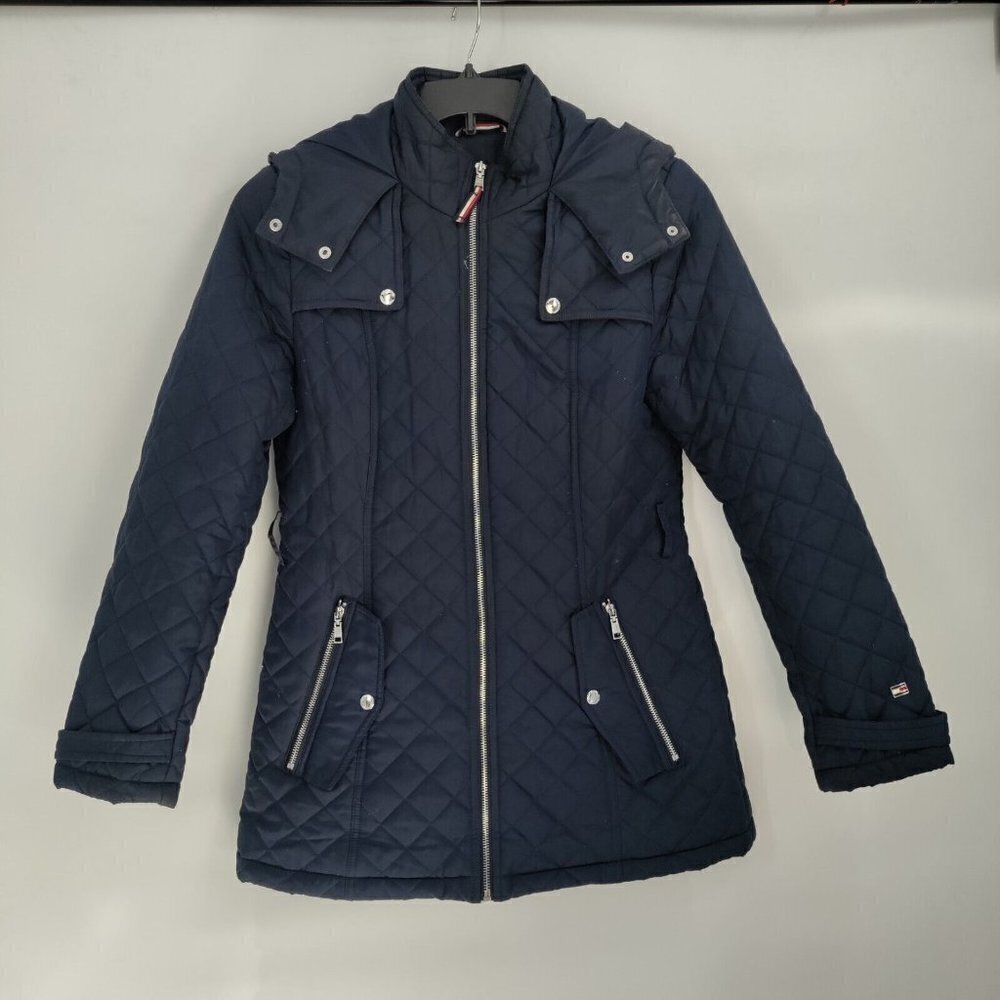 Tommy Hilfiger Quilted Full-Zip Hi-Neck Hoodie Coat Jacket Medium Women Black
